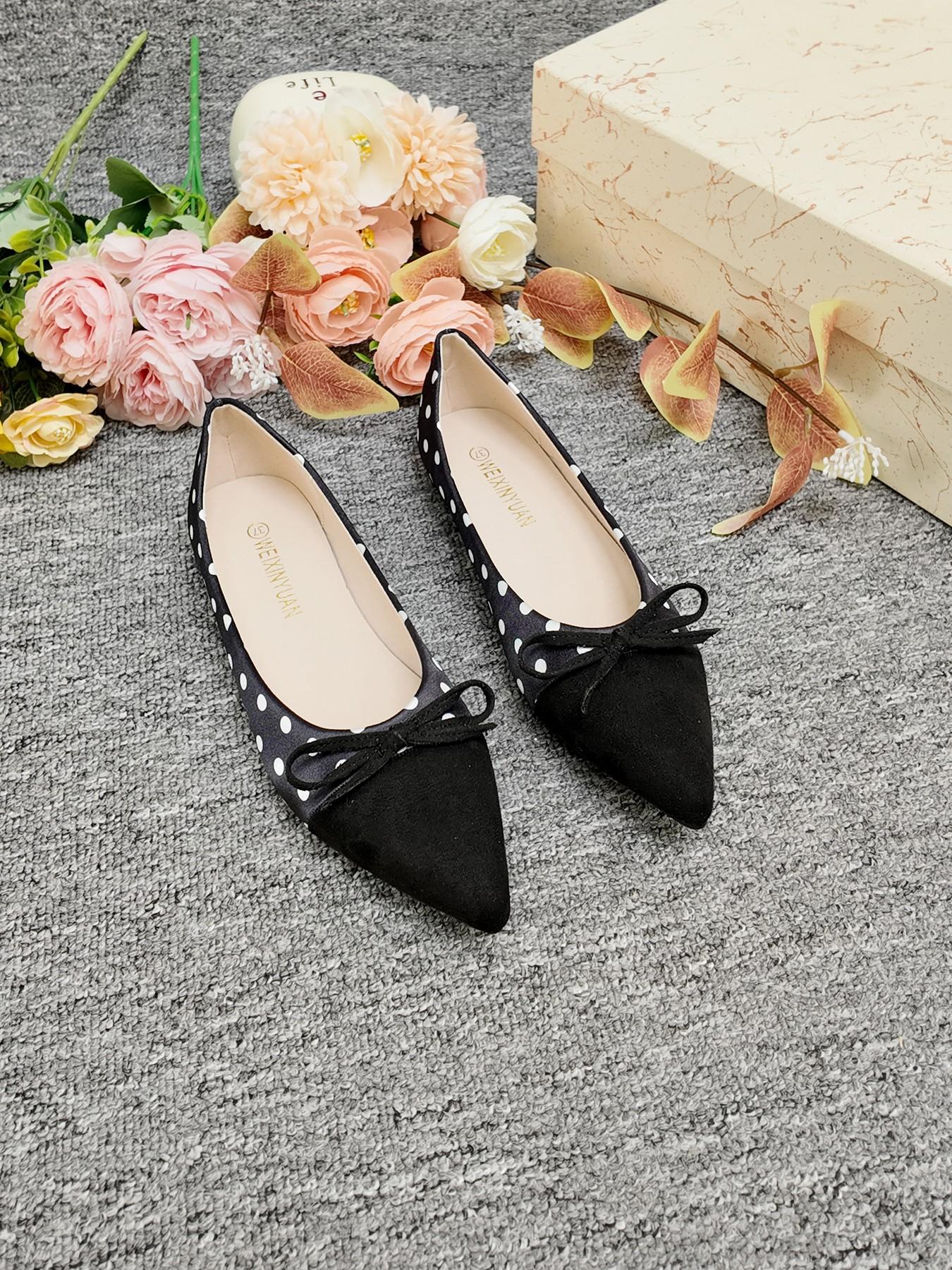 Elegant Polka Dot Colorblock Pointed Toe Shoes, Bow Soft Sole Low Heel Flats, Professional Office Women's Shoes