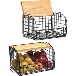 2 Set Stackable Wire Basket with Openable Top, Kitchen Counter, Pantry Organizer and Storage Produce Onion Potato Fruits Vegs Bread Food Snack Spice Organizing Bin for Cabinet Shelf Countertop Floor