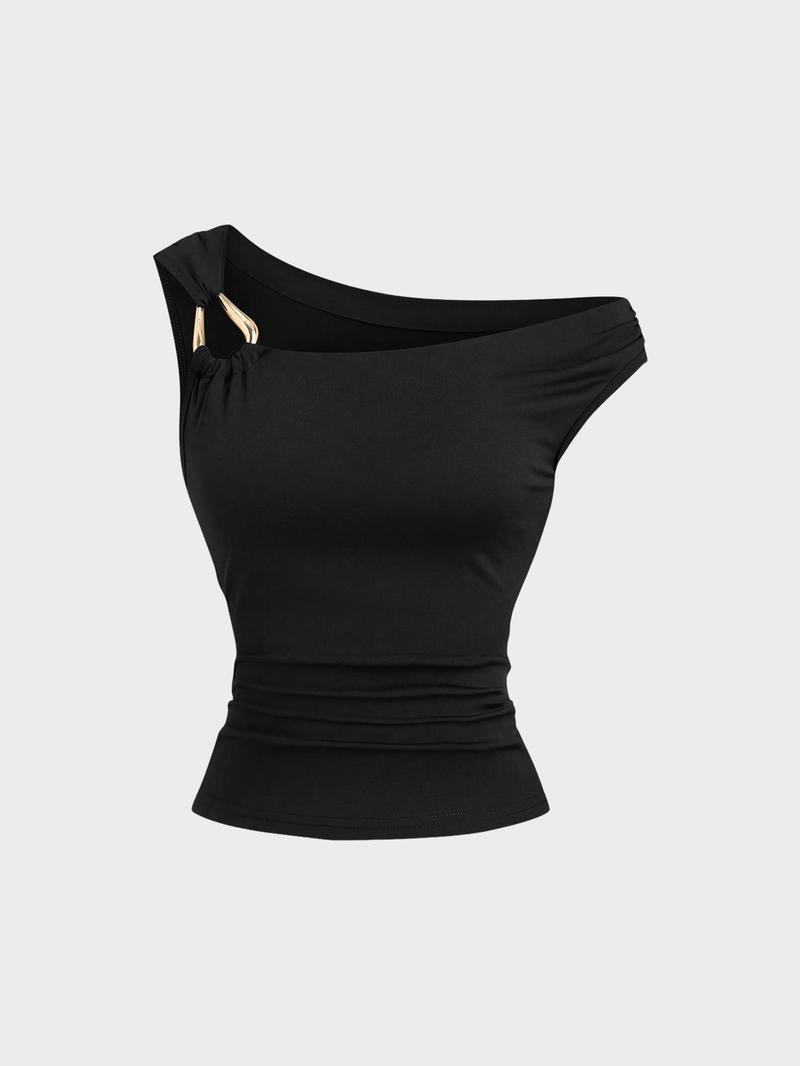 1 Piece  Valentine's Day Asymmetric Shoulder Ruched Crop Top | Euro-American Y2K Vibe | Cropped Design + Cold Shoulder Detail | Eye-Catching Pick for Weekend Shopping / Music Festivals
