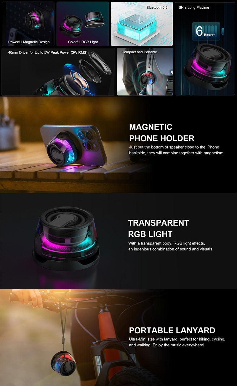 Magnetic Mini Bluetooth Speaker, 5W mini Speakers Wireless with Bluetooth 5.3, RGB Light, Game Mode, 7H Playtime, Portable Phone Stand for iPhone, Travel, Golf Cart - Black