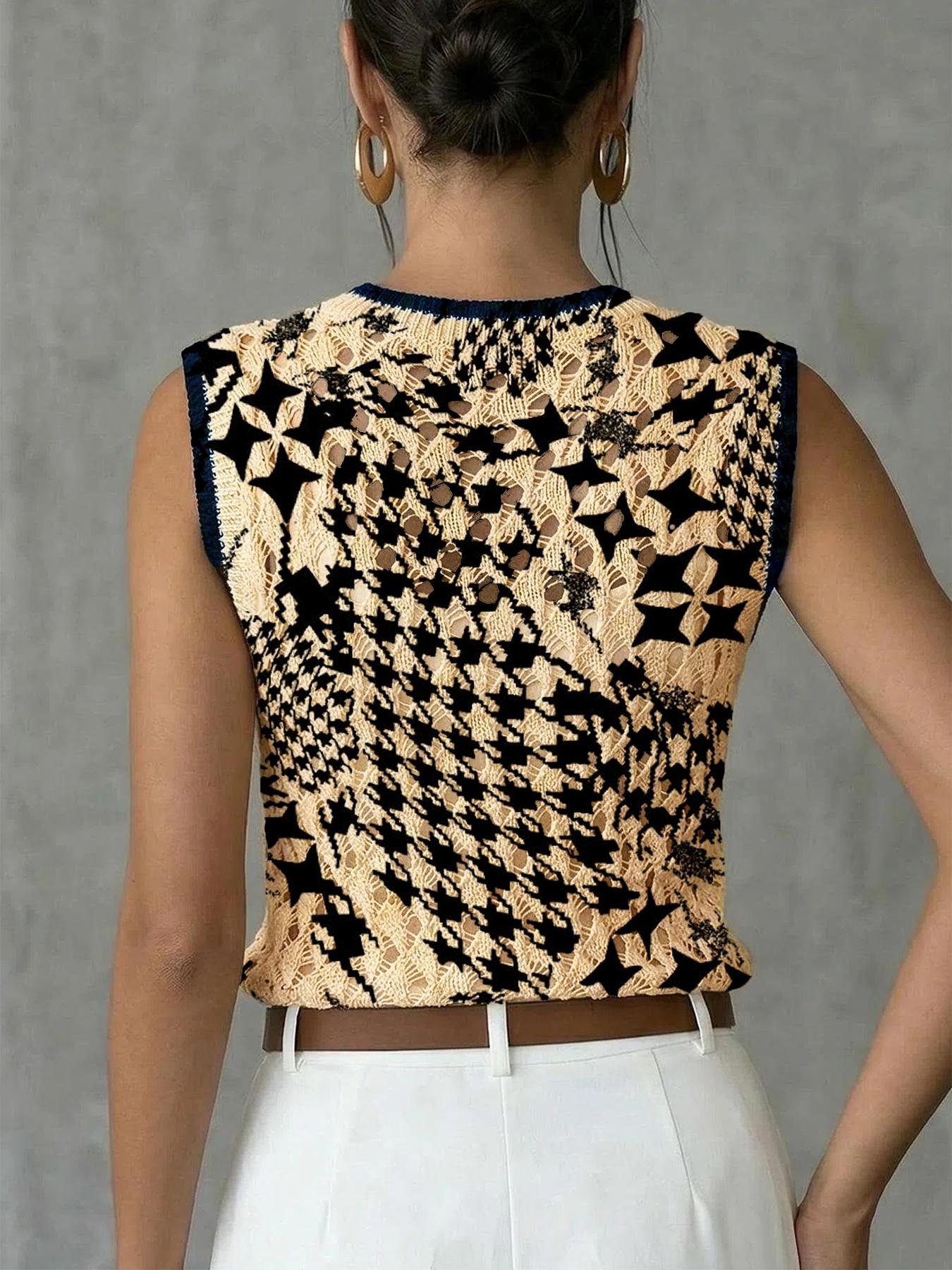 Women's Elegant Artistic Quilted Star Print Round Neck Sweater Vest, Casual Sleeveless Knit Top for Spring Summer Fall