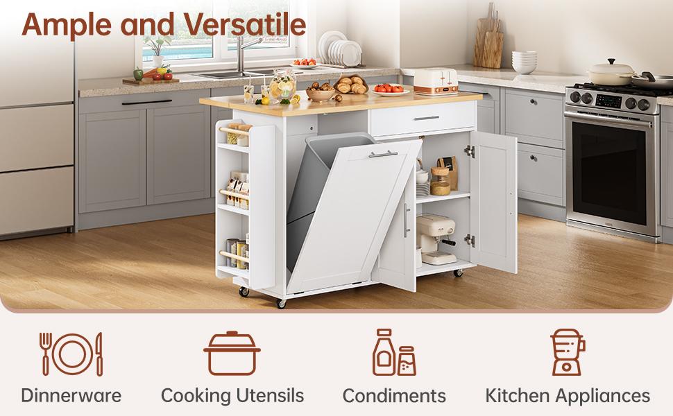 Kitchen Island with Storage, 31.5" D Rolling Kitchen Cart on Wheels with Widen Drop Leaf Rubberwood Top, Large Mobile Kitchen Island with Trash Can Storage and Towel Bar, Black