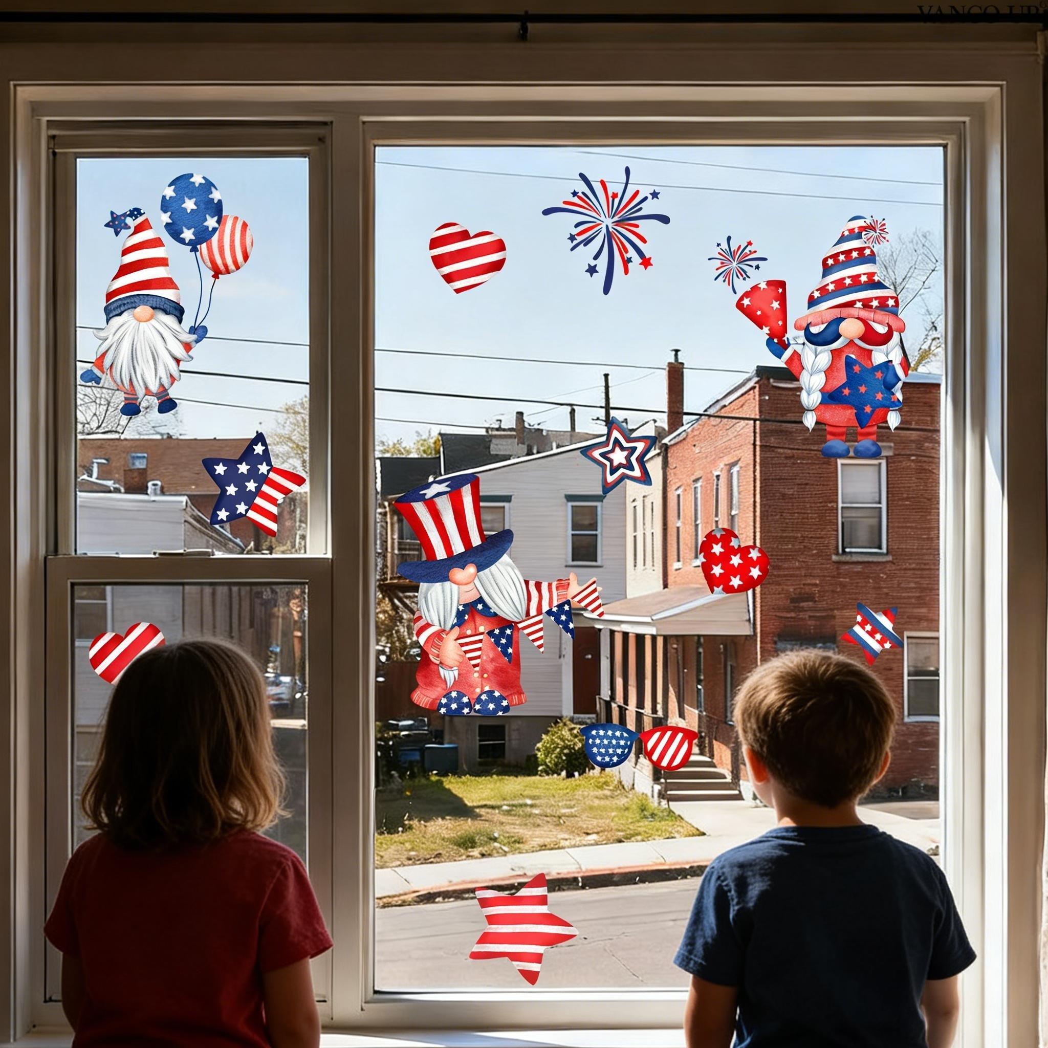 Set of 2 Pcs 30×30cm Independence Day Cartoon Stars & Stripes Gnome Double-Layer Static Window Clings for Bedroom Kids Room Glass Festival Decor