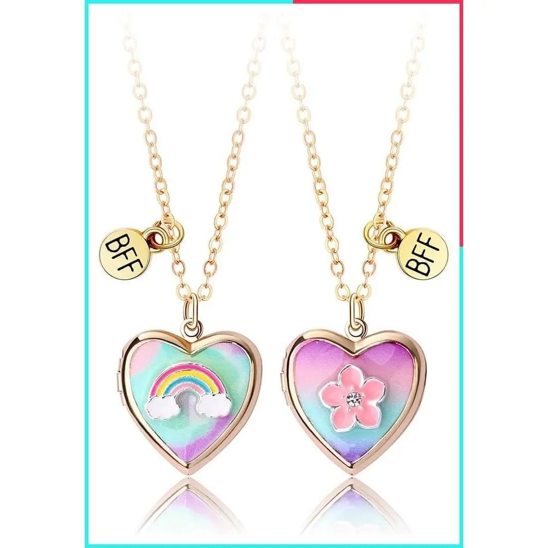 BFF Friendship Necklace Set of 2 - Heart Locket Pendant Necklaces with Secret Photo Storage, Matching Jewelry Gift for Sisters, Besties, Daughters, Best Friends, Women Birthday Graduation