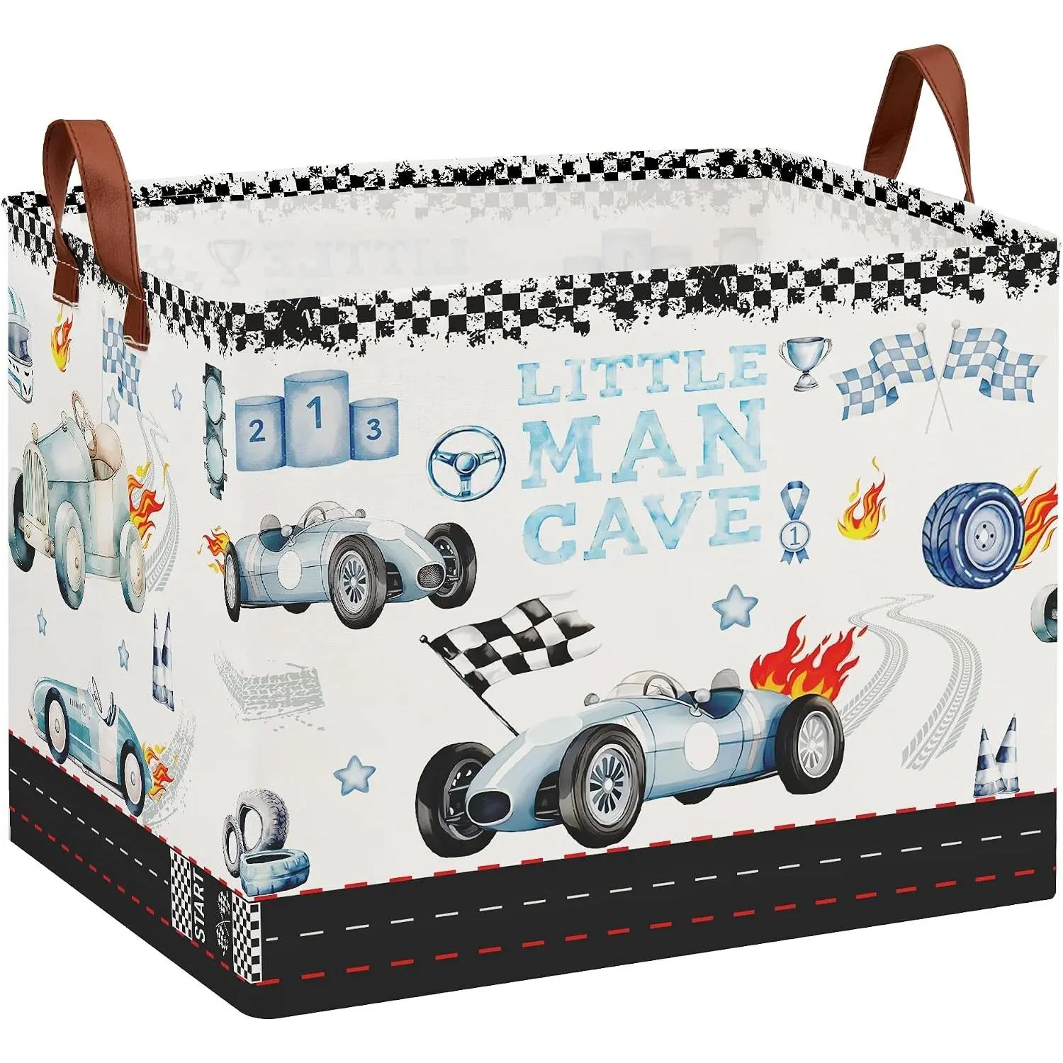 Car Themed Room Decor Basket, Kids Vintage Car Laundry Hamper, Storage Bin, Tire Toy Box for Boys, Blue Gift Basket (Vintage Blue)