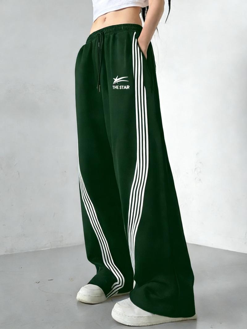 Women's Wide-Leg Track Pants, elastic drawstring waist with contrast side stripes and "THE STAR" logo print, relaxed fit for streetwear, dance and casual daily wear, available in multiple colors