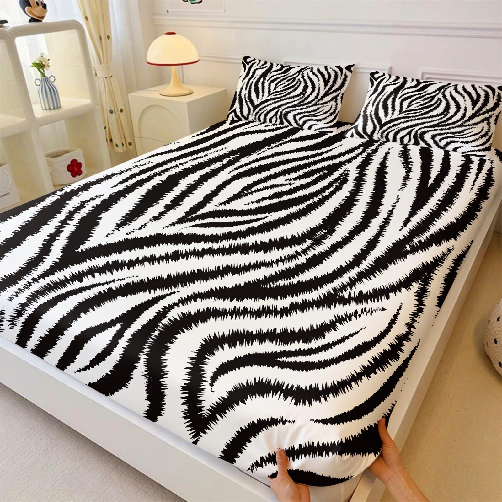 Black & Pink Zebra Print Fitted Sheet Set, 1 Bed Fitted +2 Pillowcases No Core, Hot Pink Base with Black Zebra Print, Y2K Millennial Style Bedding Non-Slip, Soft Breathable Fabric, Girls Bedroom Decor