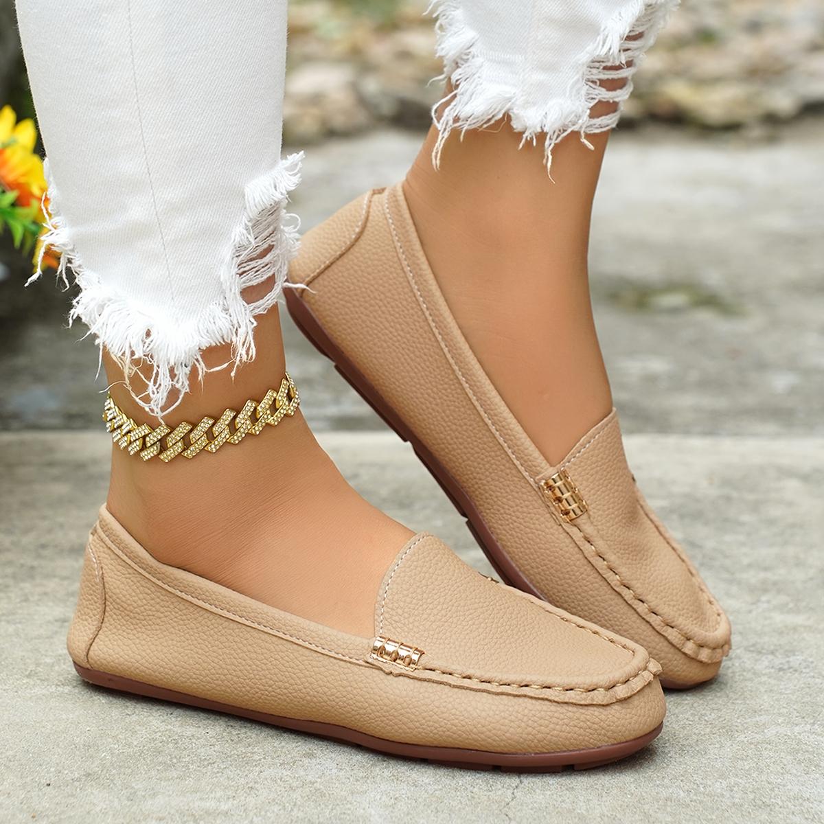 Women's Classic Plain Low Heel Shoes, Fashionable and Sexy, High-End Slant Metal Chain Decoration, Comfortable Casual Loafers, Slip On Shoes