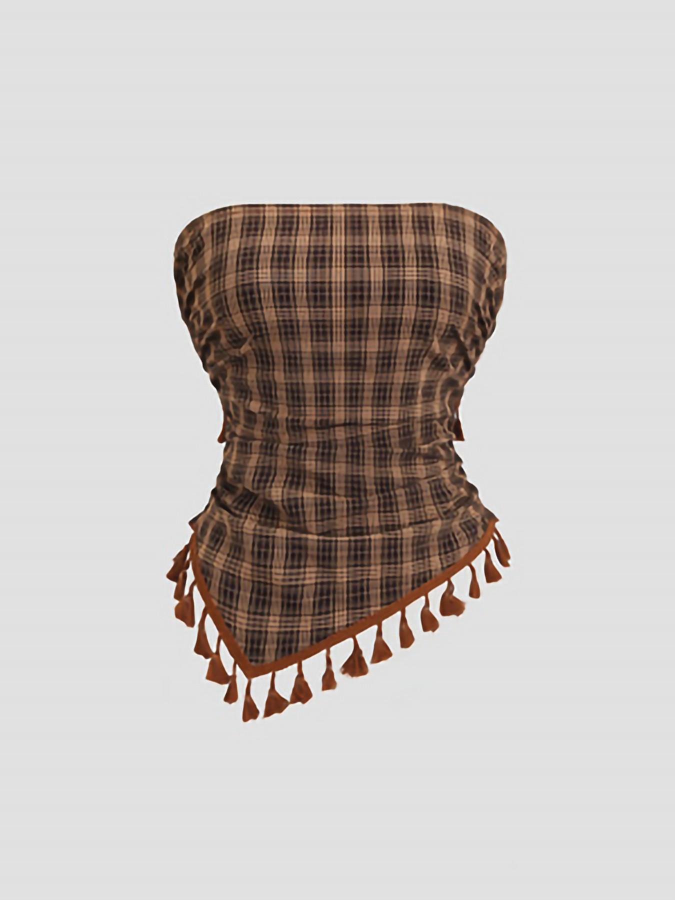 Women's French Vintage Plaid Fringe Trim Bow Design Short Tube Top, Bow Decor Cami, Perfect for Parties, Evening Events and Vacations, Elegant Style Top Women's French Vintage Plaid Fringe Trim Bow Design Short Tube Top, Bow Decor Cami, Perfect for Parties, Evening Events and Vacations, Elegant Style Top