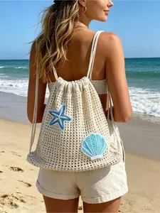 Bohemian style knitted drawstring backpack, cute ocean animal embroidered beach bag, lightweight breathable summer backpack, vintage casual crocheted backpack, portable travel vacation storage bag