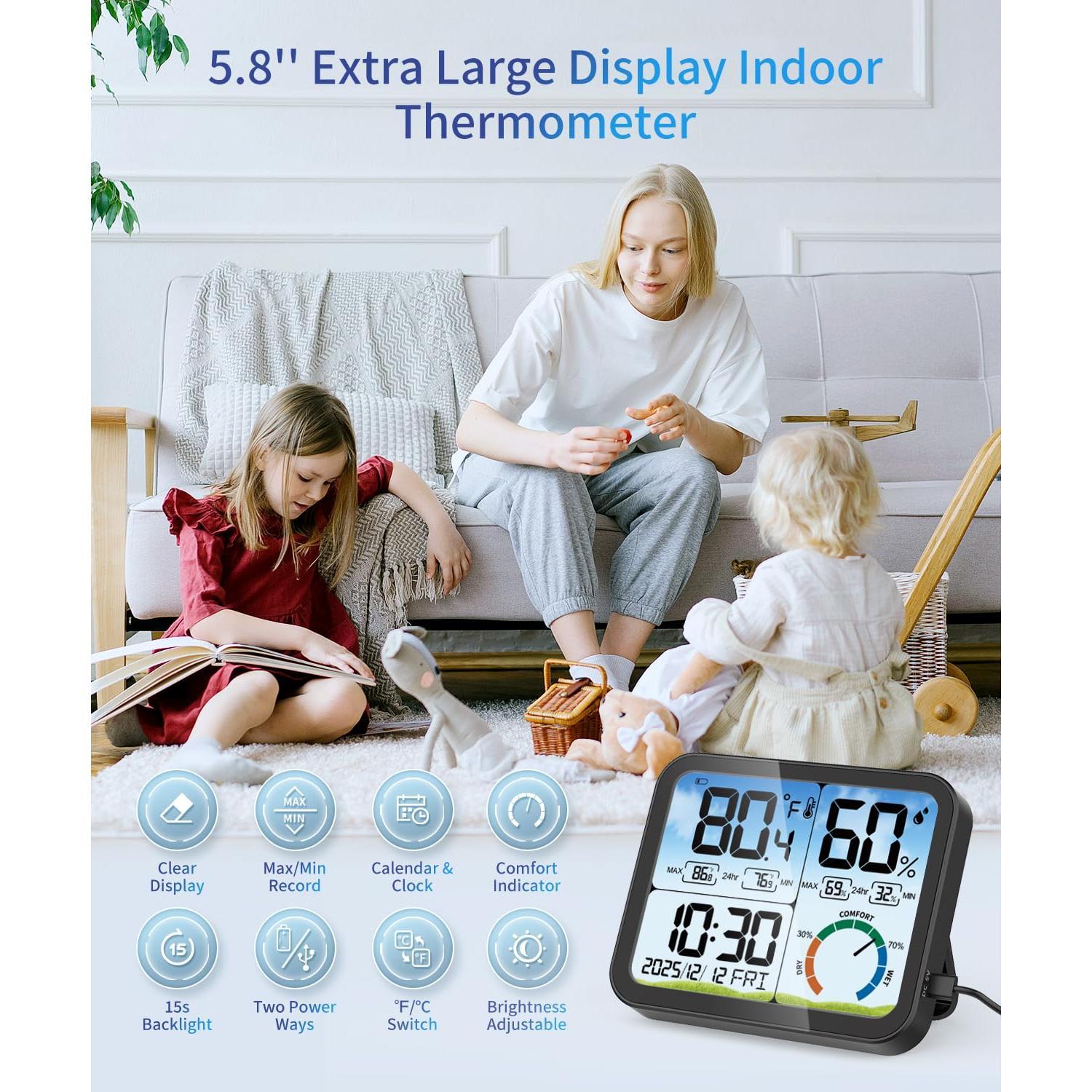 Digital Indoor Room Thermometer - 5.8'' Display Temperature Humidity Sensor with Accurate Temp Humidity Gauge , Calibration, Max & Min Records, Comfort, Backlit, Date & Clock Digital Indoor Room Thermometer - 5.8'' Display Temperature Humidity Sensor with Accurate Temp Humidity Gauge , Calibration, Max & Min Records, Comfort, Backlit, Date & Clock