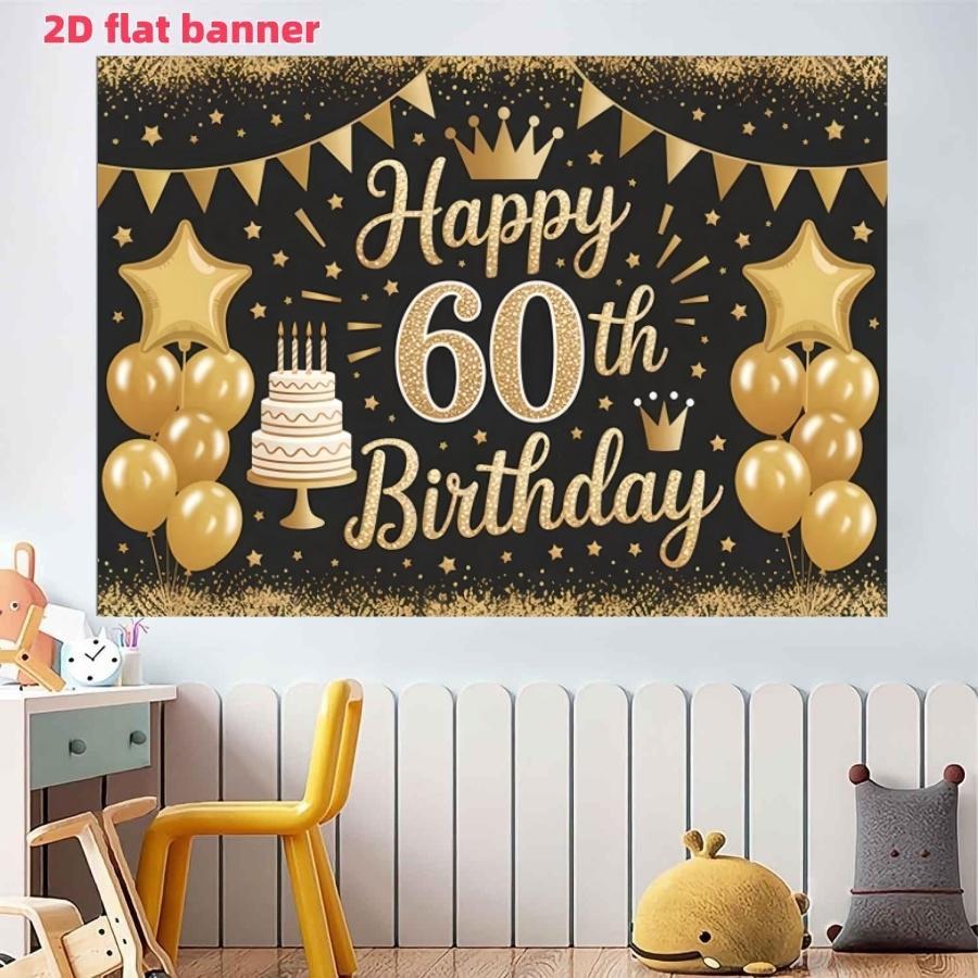 Gold 60th Birthday Banner, Balloon and Confetti Elements, Polyester Material, Party Wall Decor, Ideal for Photoshoots and Celebrations