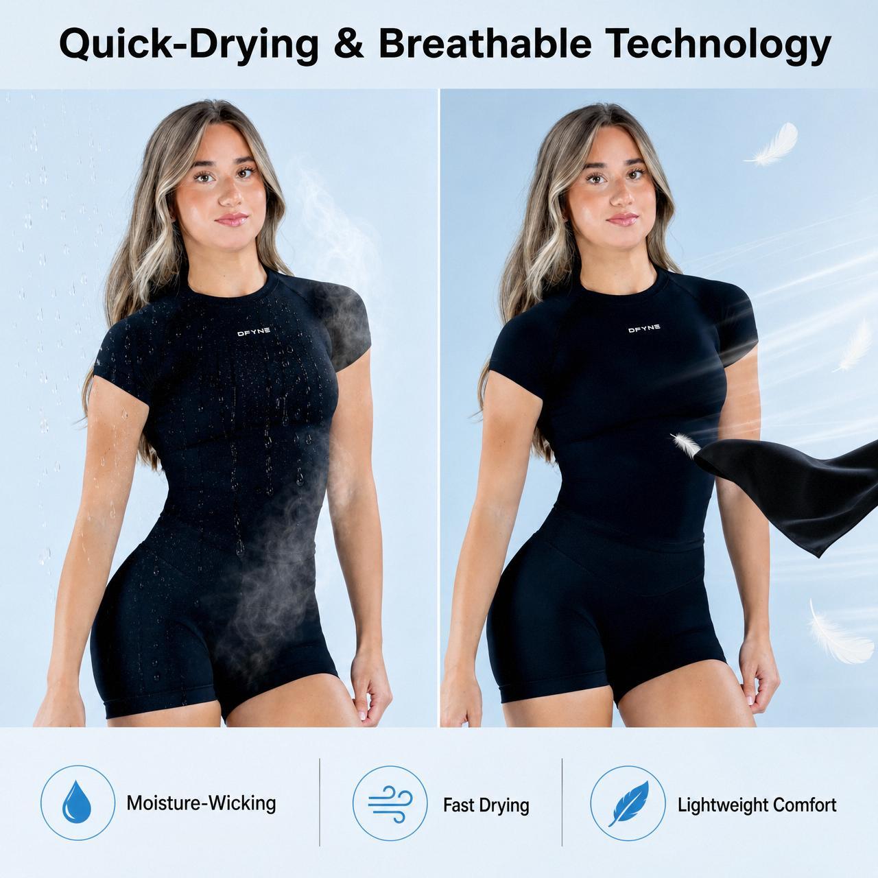 DFYNE Impact 2-Piece Short Sleeve & Shorts Set Sculpting Contour Breathable 4 Way Stretch Workout Outfit for Women Longline Fit Raglan Sleeves High-Stretch Durable Shape-Retaining, 2 Piece Sets, Gym Outfits