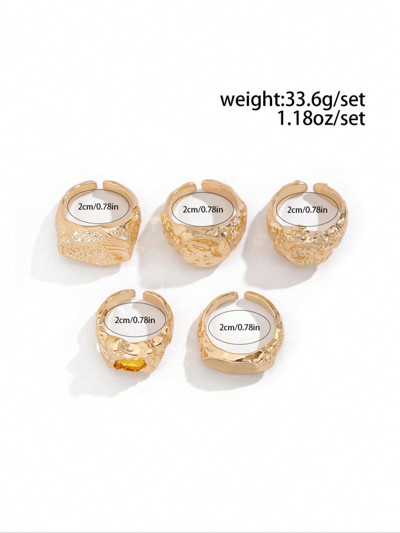 Set of 5 Fashion Hip Hop Punk Style Ring Liquid Geometric Metal Rings, Embedded Rhinestones, Adjustable Joint Rings for All Seasons