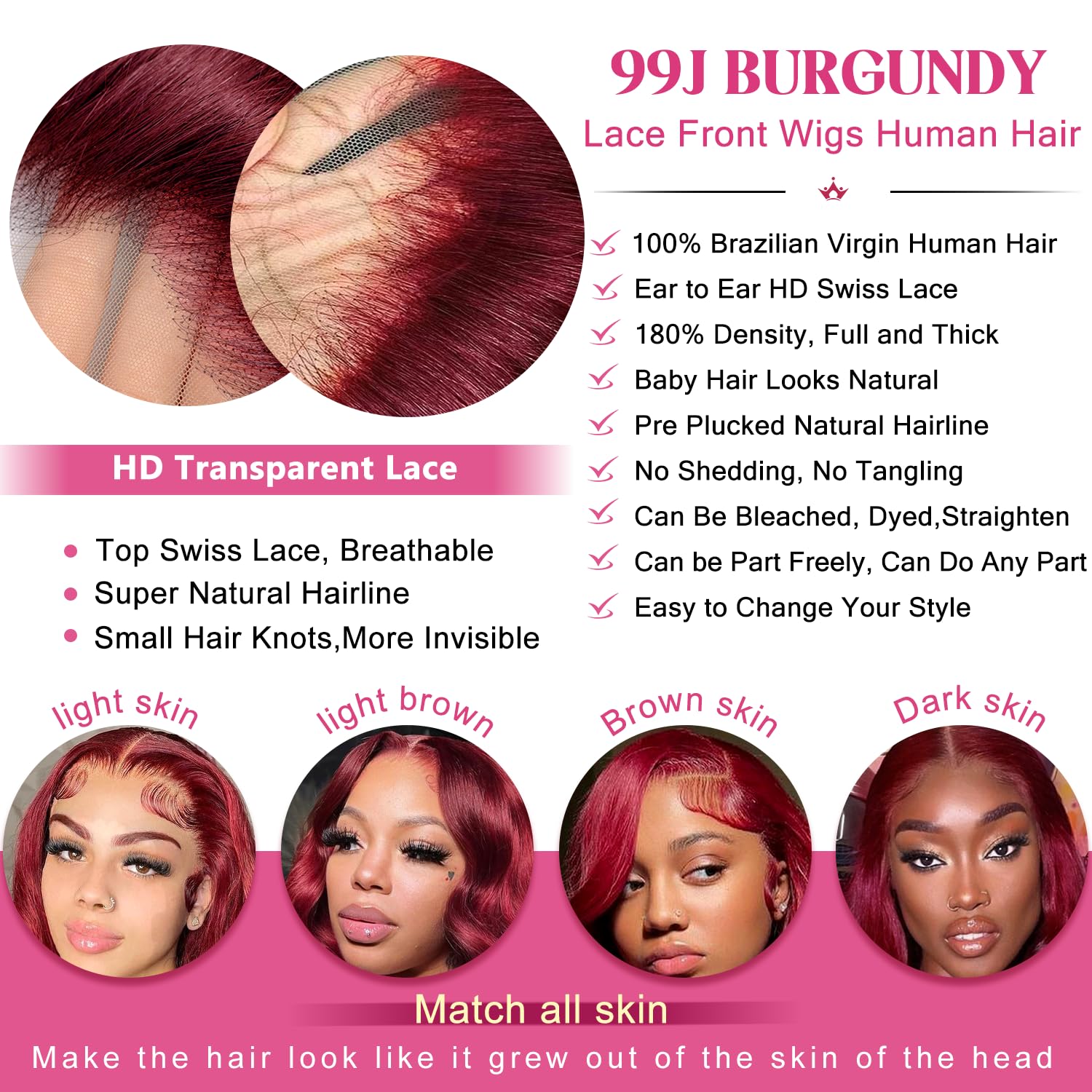 Yilike 99j Burgundy Lace Front Wigs Human Hair Red Burgundy Wig 180% Density 13x6 Body Wave Lace Front Wigs Pre Plucked Glueless Lace Front Wigs Human Hair for Women