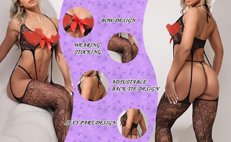 Women's 3-Piece Matching Chic Vintage Lace Lingerie Set - Strappy Crotchless Teddy Bodysuit, Lace Garter Belt, Stockings, Panty, Comfortable Nylon-Polyester Stretchy Fabric for Wedding, Valentines Day, Elegance