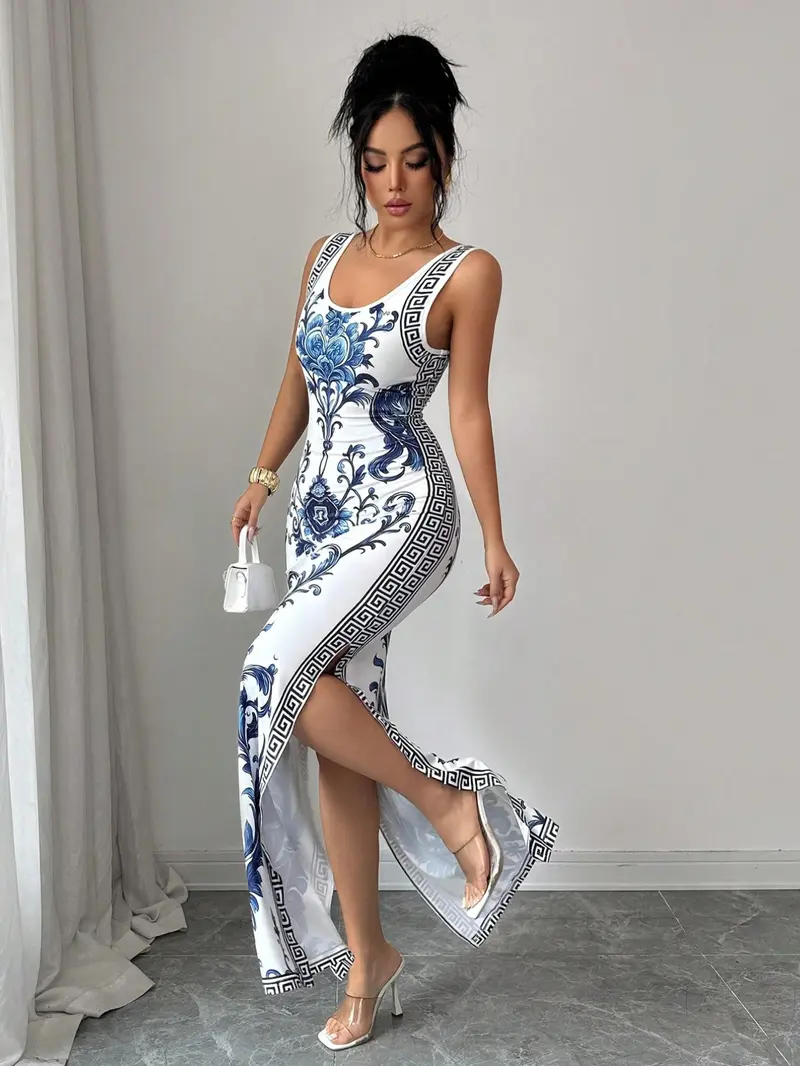 Elegant Printed Chinese Style Belted Split Hem Luxurious Chic Vintage Middle Eastern Uae Robe Gowns, New Arrival Maxi Print Dress Clothes