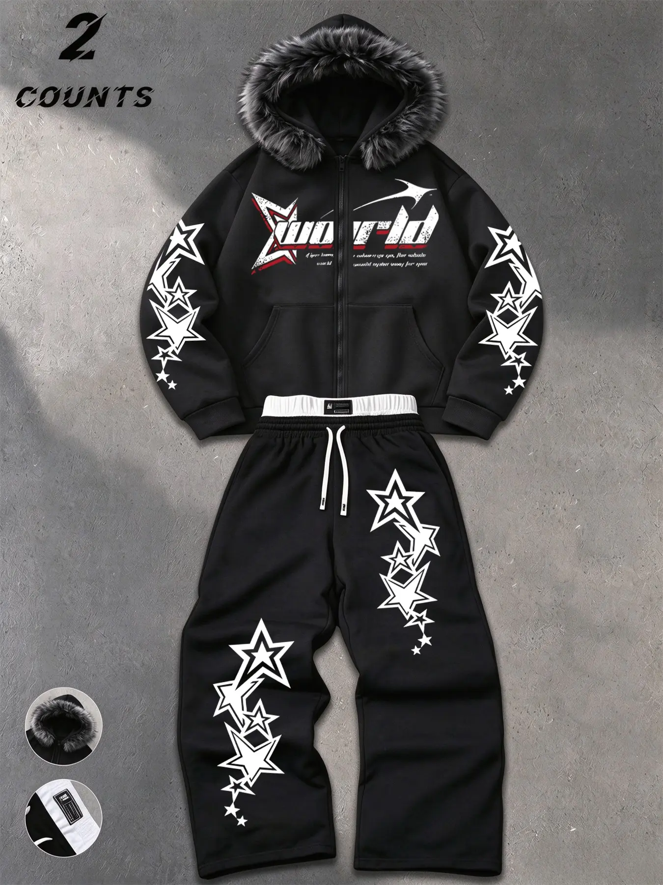 Men's Two-Piece Set Hoodie and Pants, American Street Style Star Graffiti, F Fitted Sporty Trousers, All Seasons