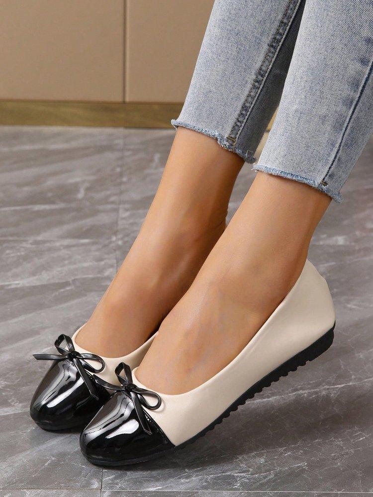 Women's New Black White Color Block Mary Jane Flats Bow Round Toe Comfortable Office Shoes Soft Sole Lazy Shoes