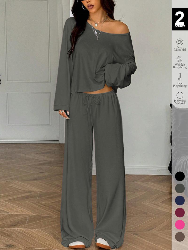 Women's 2-Piece Sleepwear Set, Elegant Solid Color Loose-Fit Long Sleeve Thermal Top and Pants, Pajama Set for Autumn and Winter