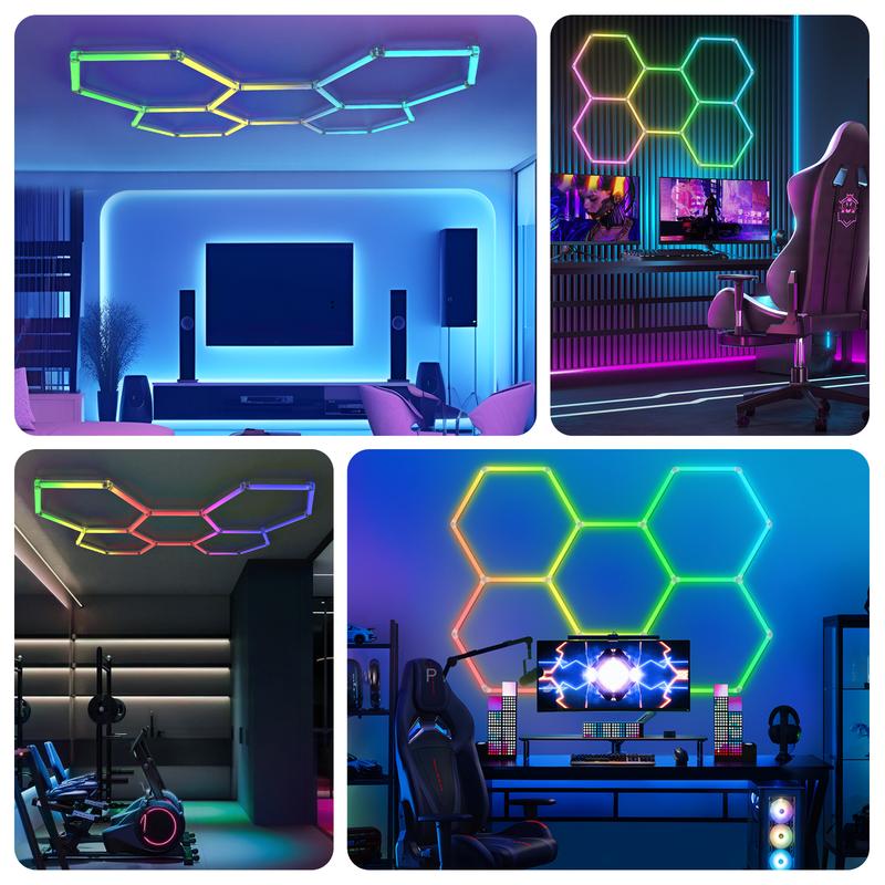 HYPERLITE RGB hexagonal light smart modular honeycomb light application, party office, garage light, LED wall decorative light, remote control, LED light, music synchronization, DIY color ceiling light Adjustable Lighting Options,Jumpstart newyear