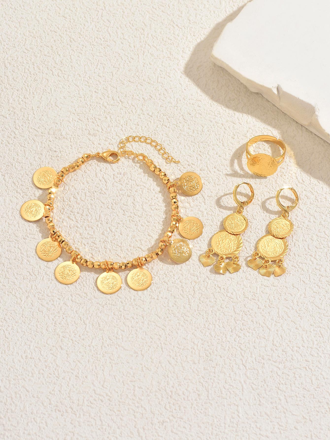Vintage Coin Design Jewelry Set, Bracelet Ring Earrings, Casual Style Accessories for All Seasons, Copper Chain Material, Glamour Set