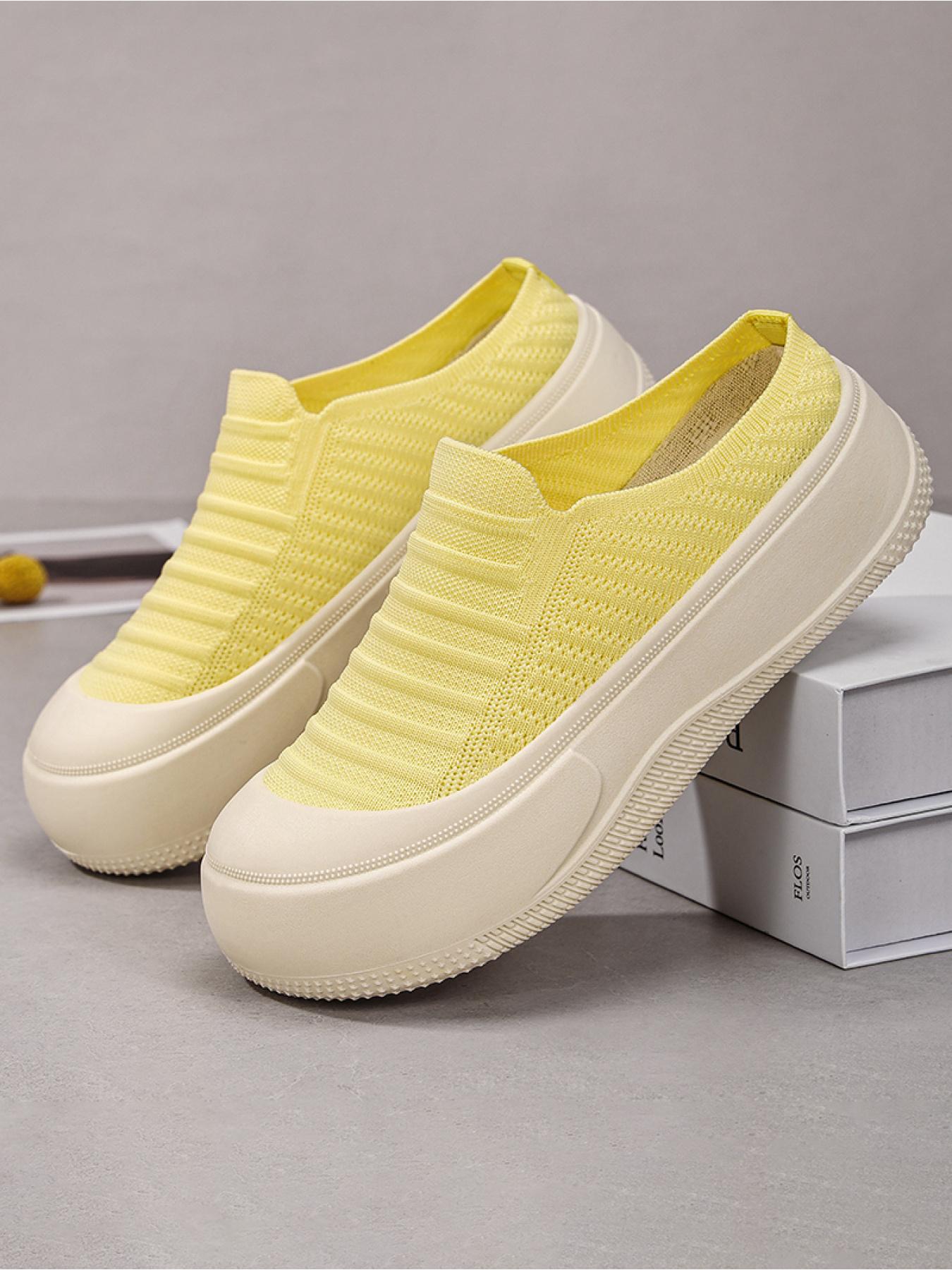 YYW1 Women's Slip-On Casual Trainers, Breathable Flyknit Textile Shoes, Thick Sole, Lightweight PVC Plain Shoes for Daily Commute, Indoor-Outdoor Wear