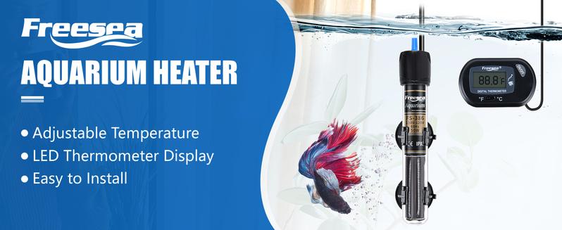 FREESEA 100 Watt Aquarium Fish Tank Heater with Aquarium Submersible Thermometer Marine Aquarium Heater with LED Controller Submersible Quartz Submersible Aquarium Super Mini Stainless Steel
