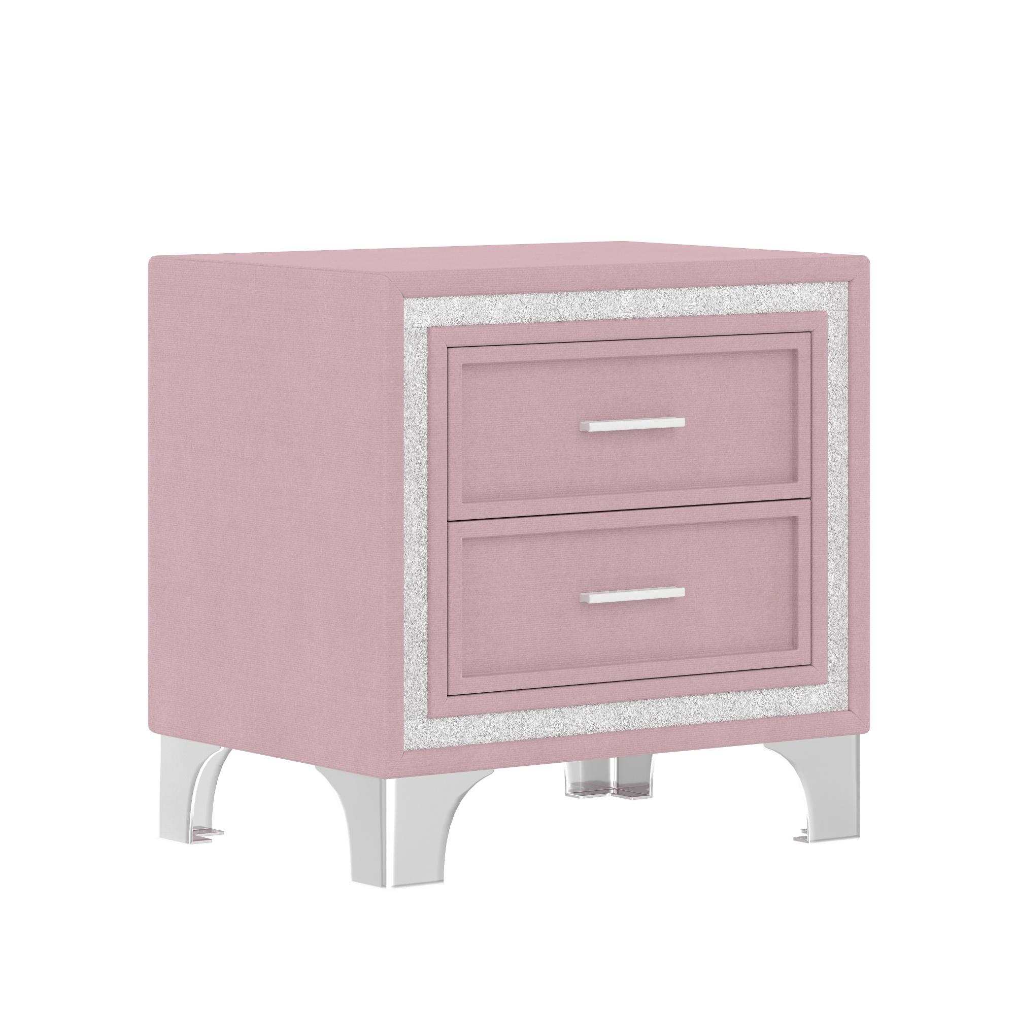 2-Drawer Nightstand with Silver Glitter Strip Decor and Metal Legs, Vintage Upholstered Nightstand, Velvet Bedside Table for Bedroom (Pink)