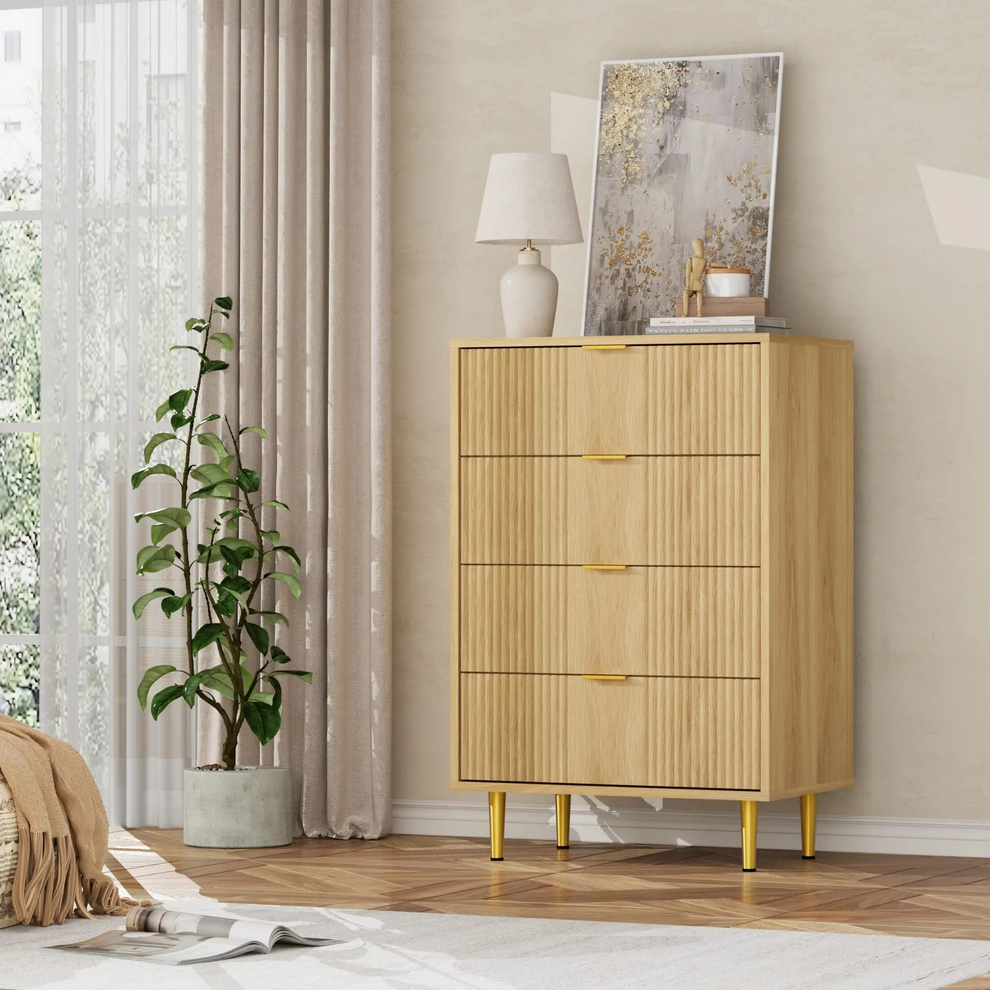 Contemporary MDF Wood Tall Dresser - Modern Fluted Panel, 5 Large Drawers, Metal Handles, Legged Base, Rectangular Single Unit, Space-Saving Storage Chest for Bedroom, Living Room
