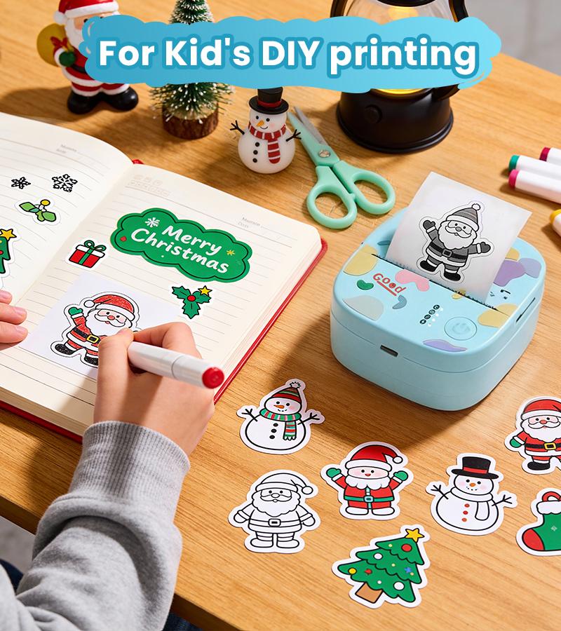 [Springglowup] XenGro Mini Printer Bluetooth included 3 Roll label Thermal Pocket Printer,Inkless Small printer B&W Printing Only for Photos, Study Notes, Lists,Memos, Journals Printing Machine Sticky Label, Birthday Gifts for Kids Girls Boys Blue