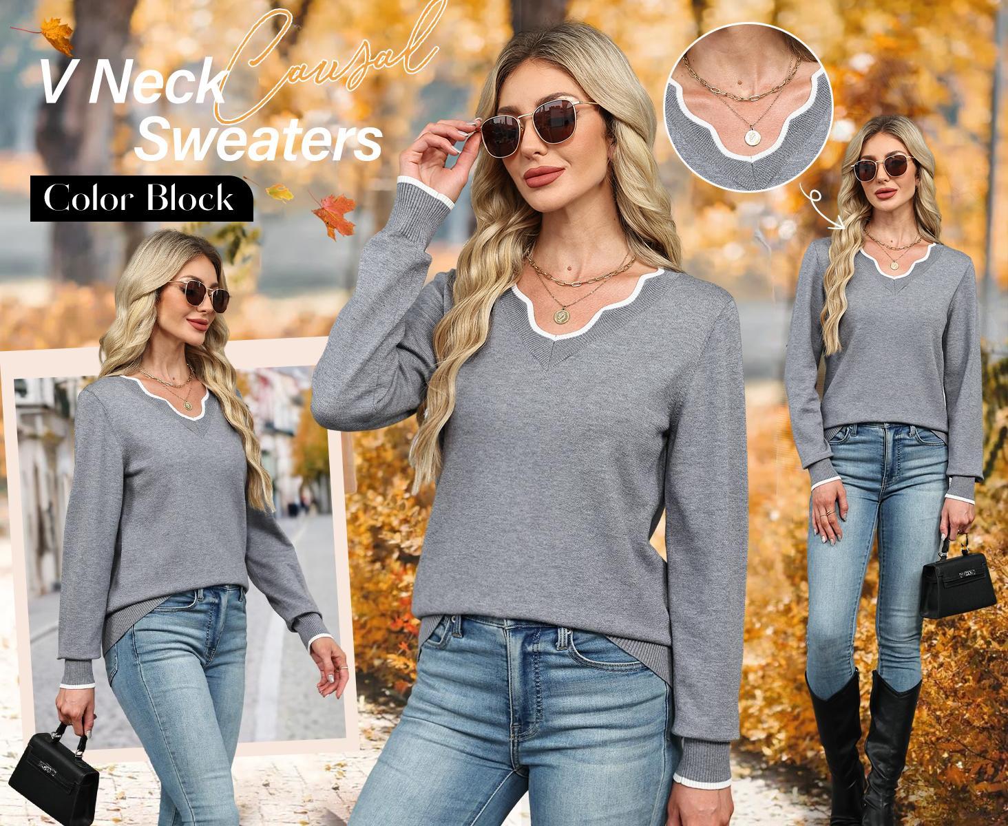 OFEEFAN Women's Soft V-Neck Pullover Sweater Lightweight Knit Top for Layering Casual Apricot Longsleeves