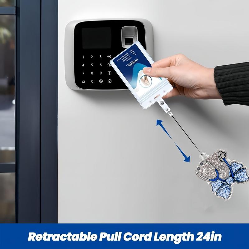 Sparkle Stethoscope Bow Badge Clip Set, Includes Fluorescent Pen & Multicolor Ballpoint Pens, Transparent Card Case, Retractable Keychain Design, Nurse Badge Reel