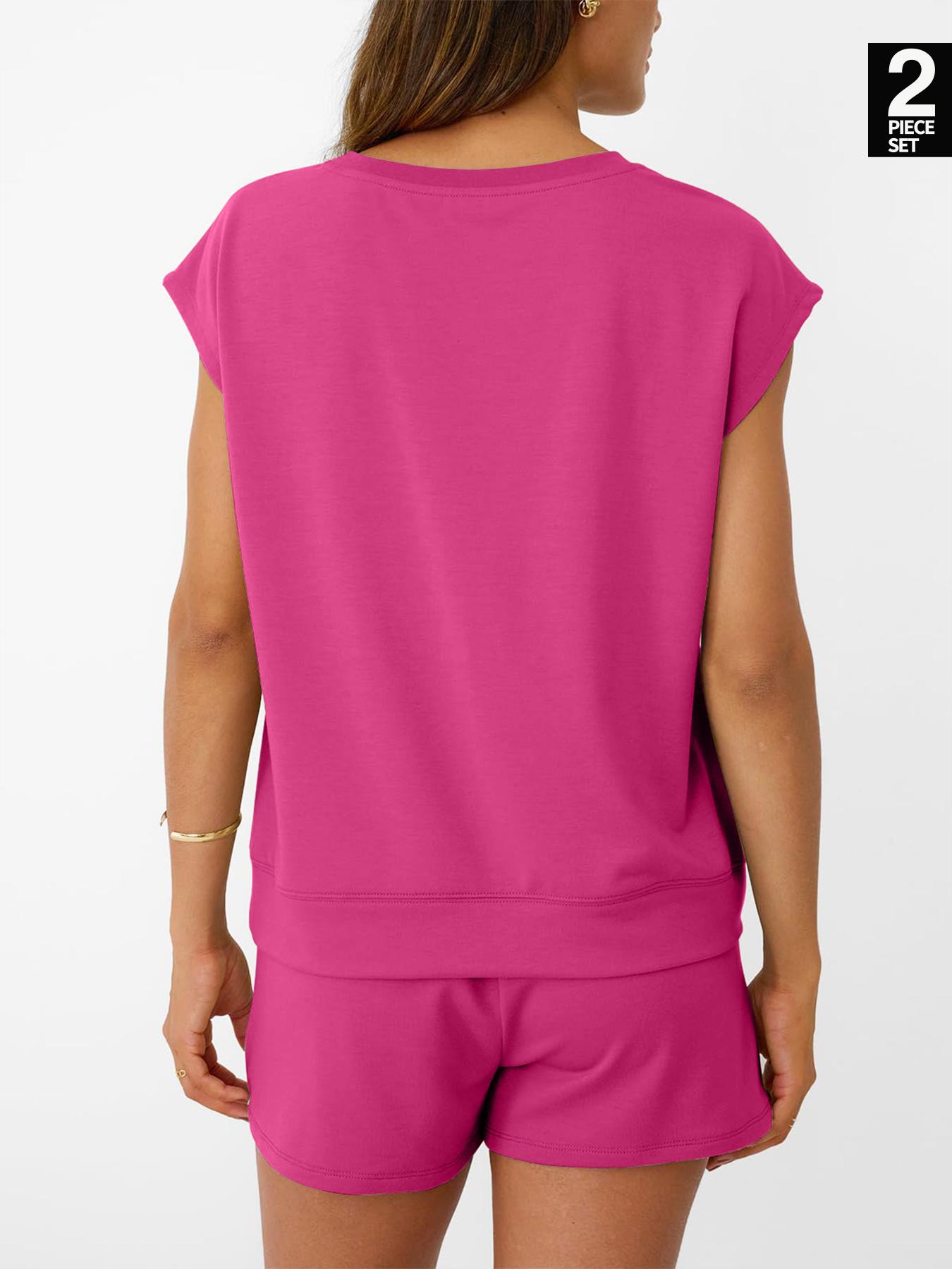 Women's Solid Curved Hem Tee & Drawstring Waist Shorts Set, Casual Cap Sleeve T-shirt & Pocket Shorts, Ladies Sleepwear for Summer, Loungewear Pajama Set