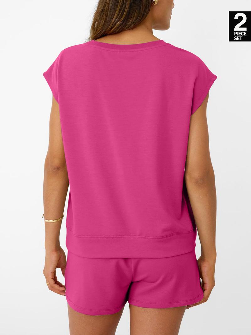 Women's Solid Curved Hem Tee & Drawstring Waist Shorts Set, Casual Cap Sleeve T-shirt & Pocket Shorts, Ladies Sleepwear for Summer, Loungewear Pajama Set