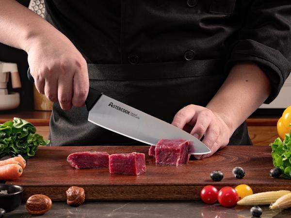 Astercook Kitchen Knife Set, German High Carbon Steel, Serrated Blades, Built-in Sharpener, Chef, Steak, Bread Knives, Scissors. Premium Black Block