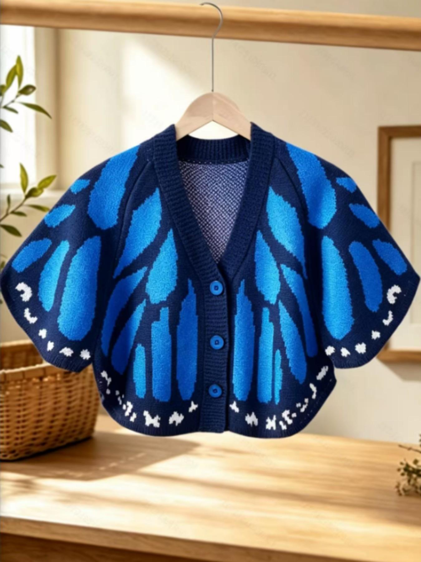 Women's Butterfly Wings Knit Cardigan, Autumn V-Neck Button Fashion Casual Style Sweater, Stylish and Comfortable Outerwear for Daily Wear