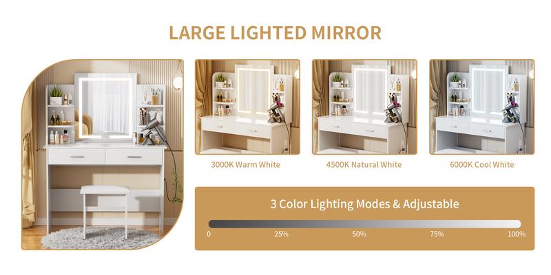 VOWNER Modern Makeup Vanity Desk with Lighted Mirror and Power Outlet, 6 Storage Shelves, 2 Large Drawers and Cushioned Stool