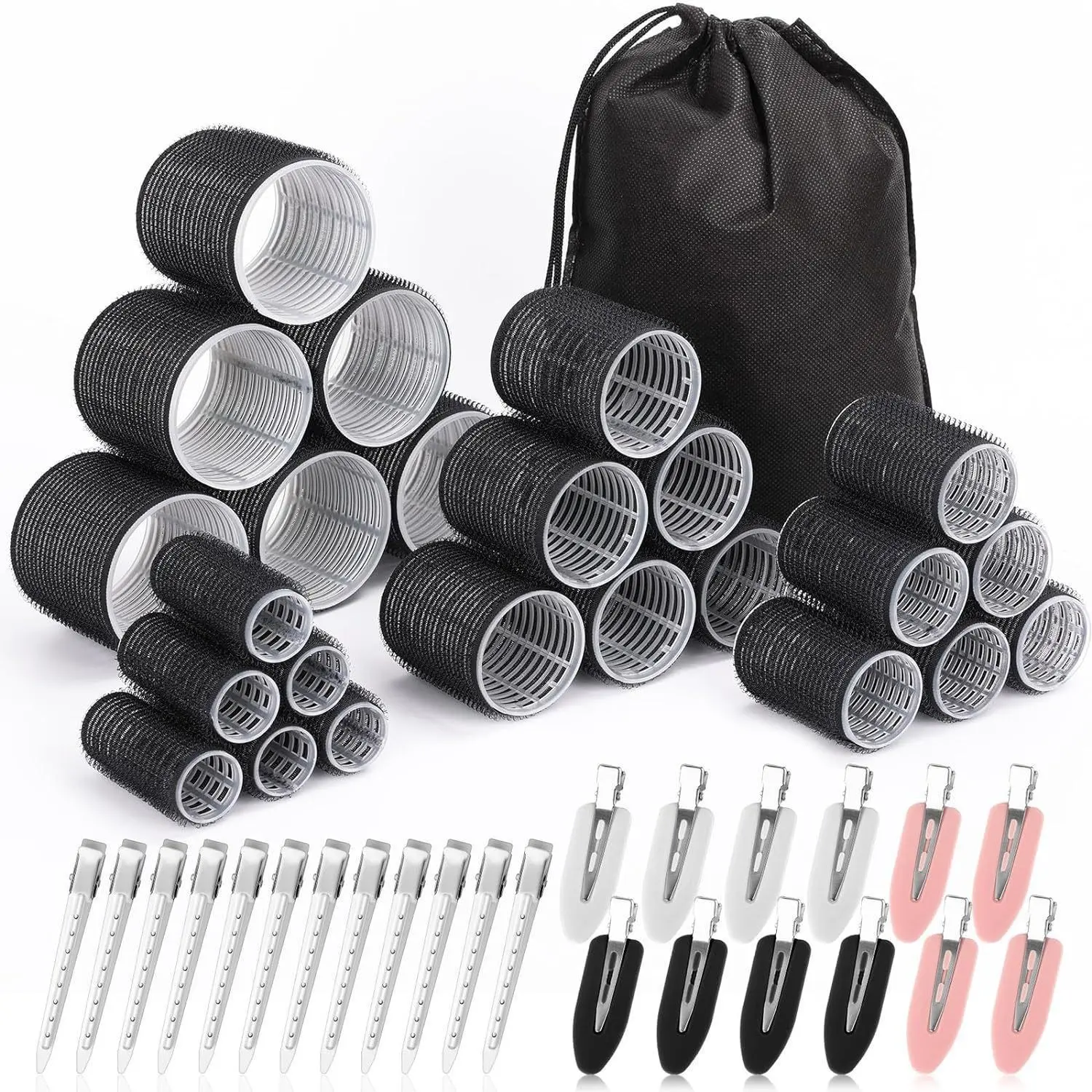 Self‑Grip Hair Rollers Set, 4 Different Sizes No‑Heat Curling Rollers with Hair Clips and Storage Pouch, DIY Hair Styling Tools for Natural Waves, Heatless Styling Tool