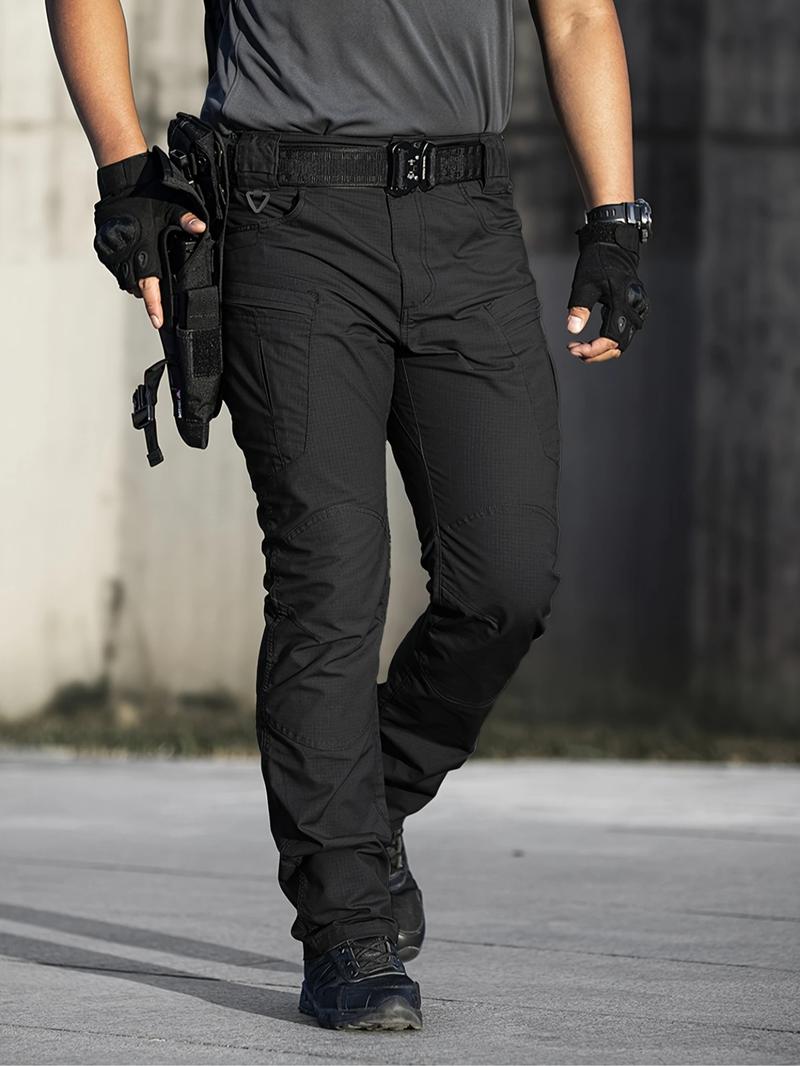 Men's Tactical Work Pants with Zipper Pockets, Plain Design, Durable Fabric, Casual Outdoor Hiking & Construction, Adjustable Waist