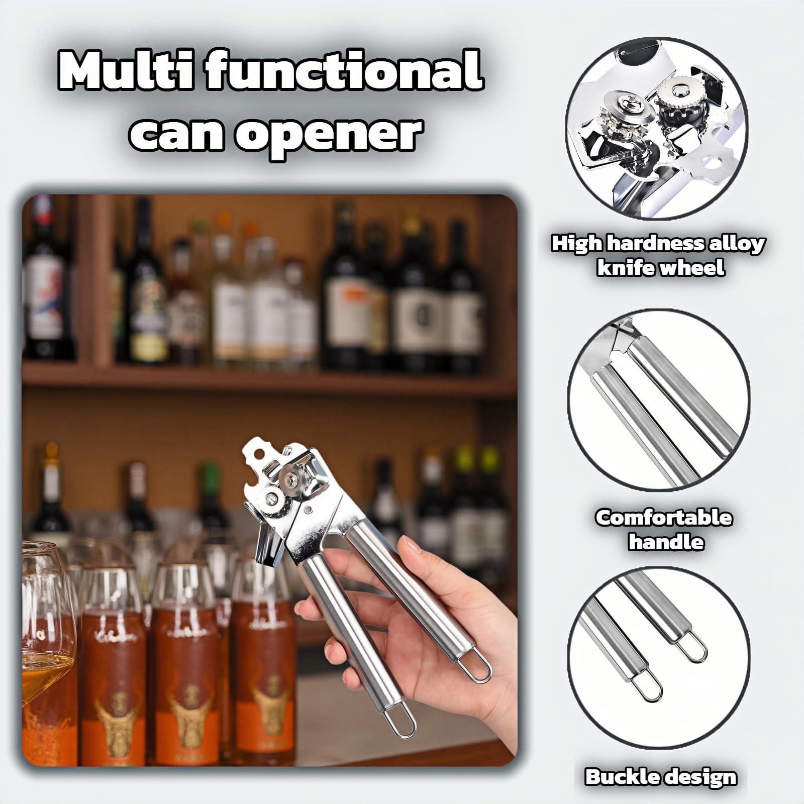 Stainless Steel Manual Can Opener, 3-In-1 Multifunctional, High-Carbon Steel Cutting Wheel, Ergonomic Handle, 7.28 Inch, for Food Cans and Bottles Stainless Steel Manual Can Opener, 3-In-1 Multifunctional, High-Carbon Steel Cutting Wheel, Ergonomic Handle, 7.28 Inch, for Food Cans and Bottles