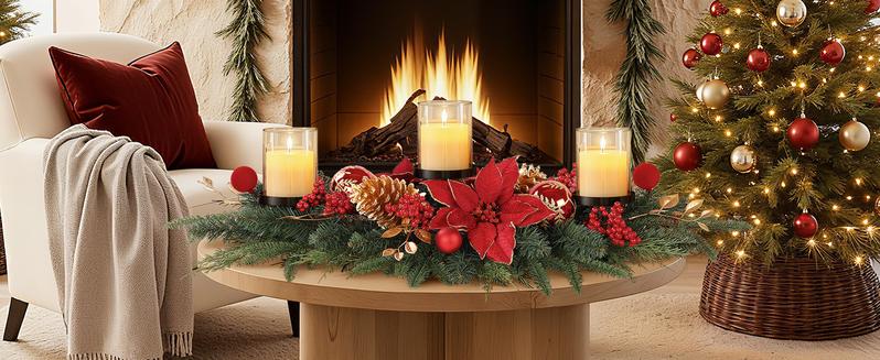 36 Inch Christmas Table Centerpiece with 3 Candle Holders, Baubles, Pine Cones, Red Berries & Spruce Branches – Indoor Holiday Decor