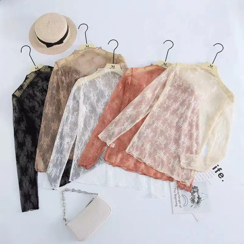 Women's Slim Fitted Sheer Mesh Long Sleeve Layering Top - Mock Neck, Floral Lace, Spandex, See-Through, Casual Streetwear Blouse, Lady, Longsleeves, Polyester