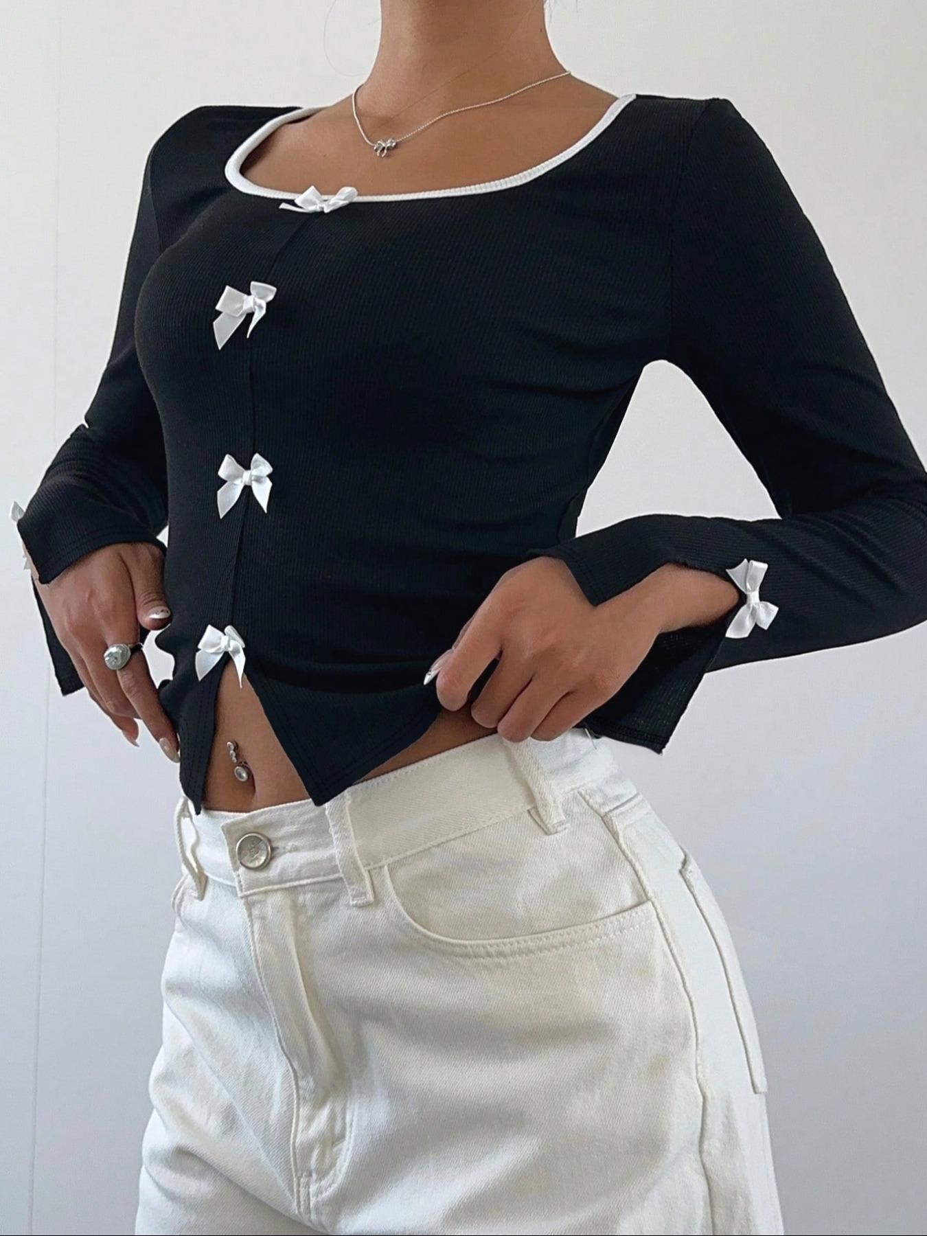 Elegant Bowknot Decorated Slim-Fit Knitted Long Sleeve Top, Stylish Women's Fashion Pullover for Casual Wear, Perfect for Fall & Winter Seasons