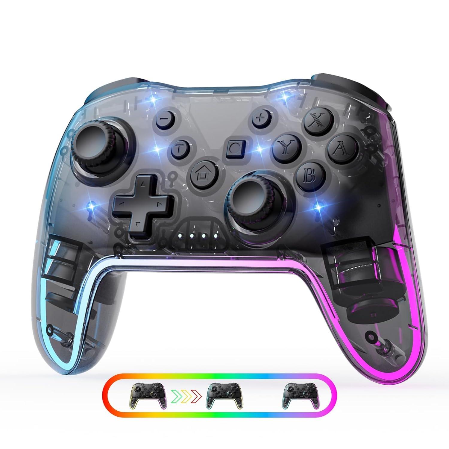 Wireless Game Controller for Switch Lite Oled PC Android iOS, Rechargeable Gaming Joystick with 7 Color RGB Lights and 3D Analog Stick, Universal Controller