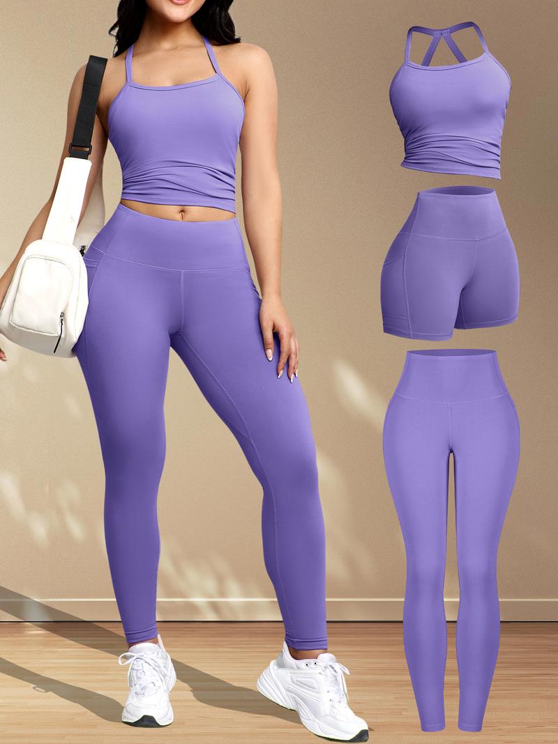 3 Piece Set, Women's Casual Fitness Crossback Vest Sport Shorts High Waist Running Exercise Pocket Underwear Set Sports Fitness Wear