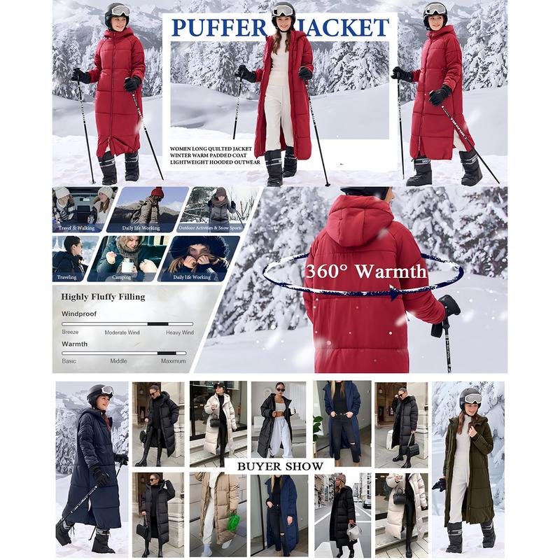 Tankaneo Women Long Quilted Coat Hooded Maxi Length Long Sleeve Puffer Jacket Padded Coat Winter Outerwear