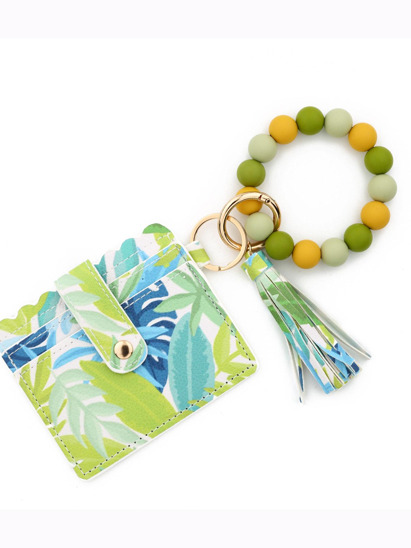 Cute Patterned Beaded Keychain Wallet, Compact Card Holder with Tassel Wristlet, Portable Accessory for Women