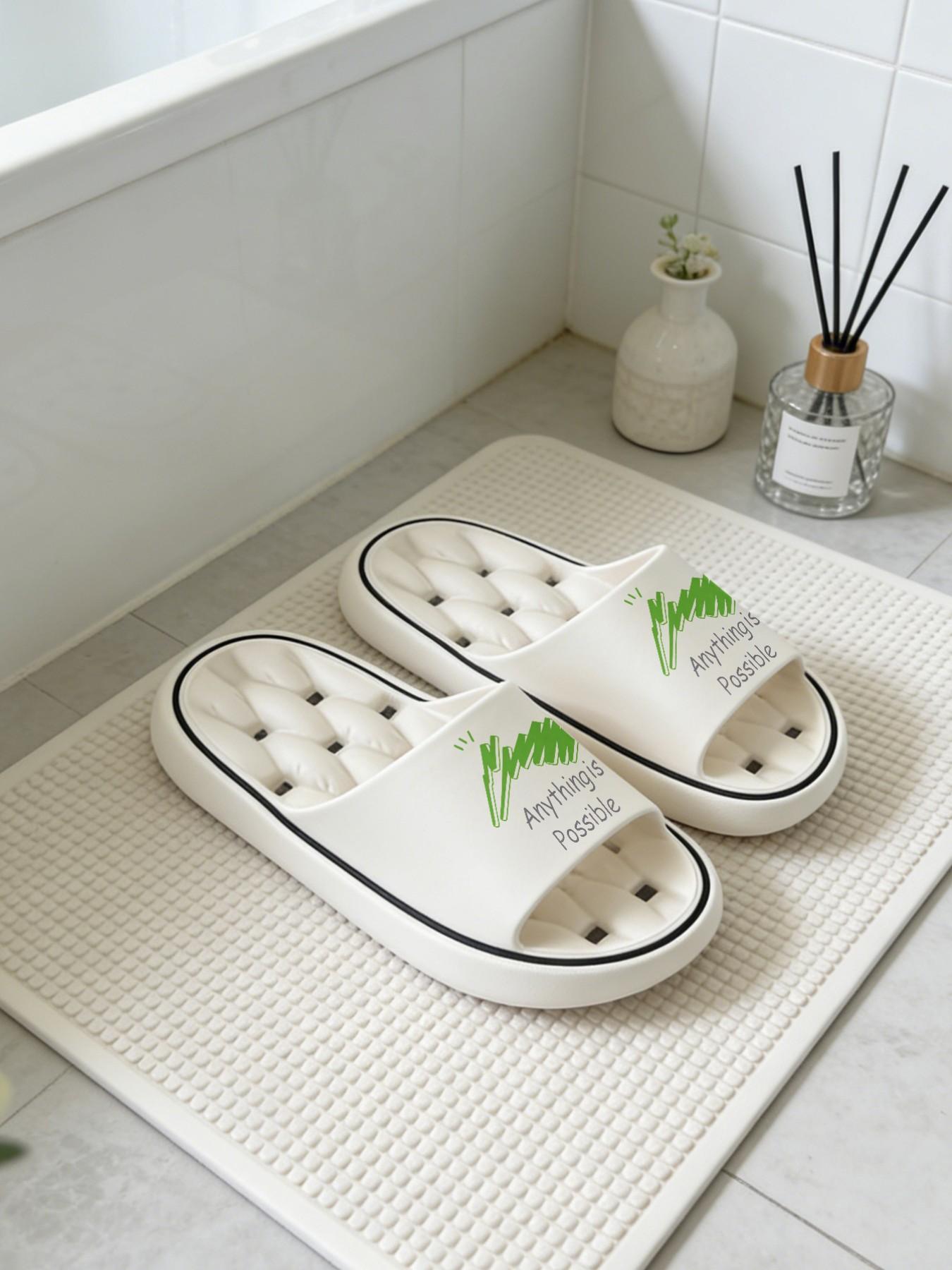 1 Pair Inspirational Slogan Bamboo Themed Printed Hollow Massage Thick Sole Slippers, Minimalist Fresh Style, Non-slip Soft Sole, Quick-dry for Bathroom, Indoor & Outdoor Dual-use, Open Toe Slides, Bathroom Casual Slippers