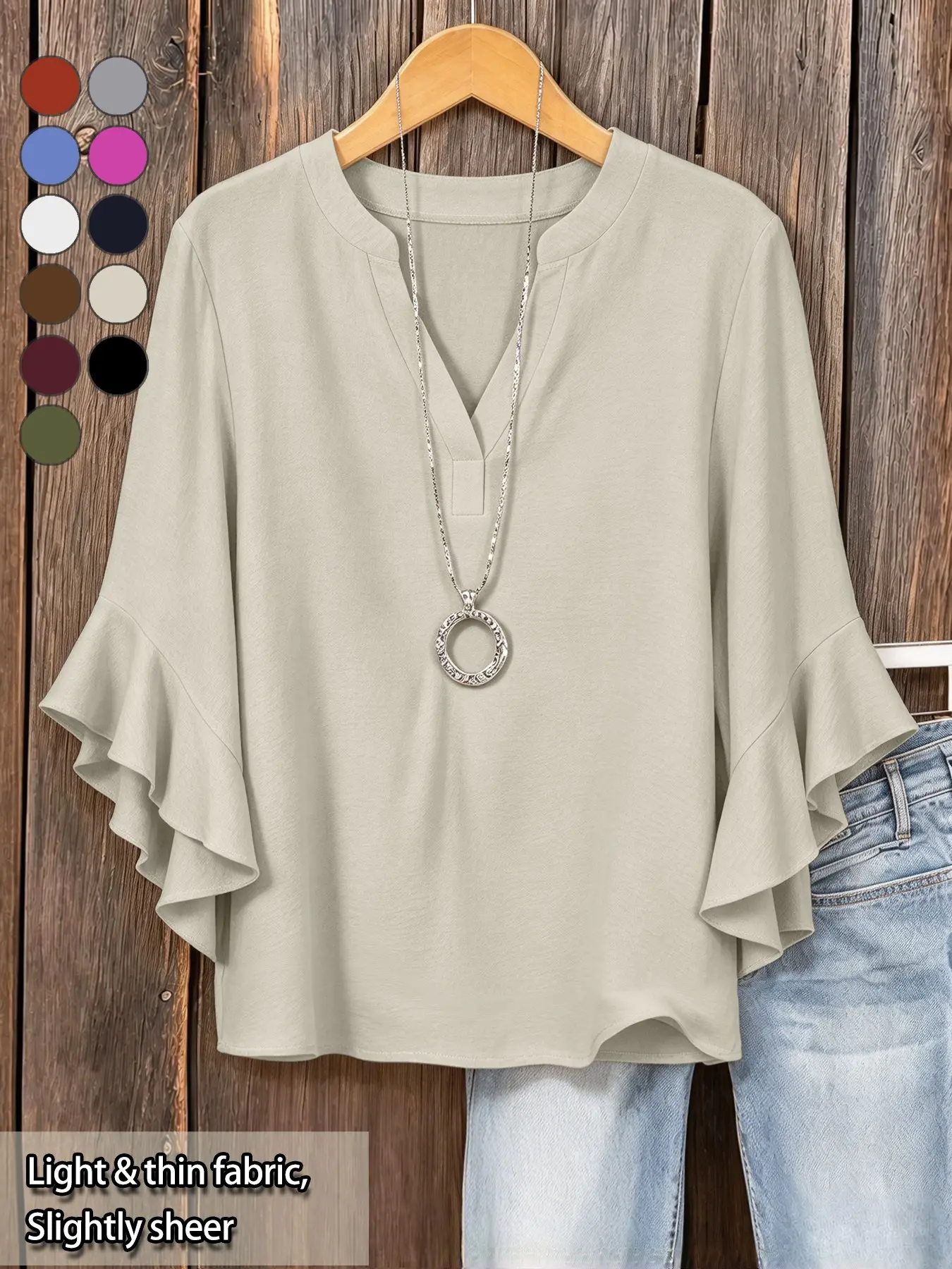 【Black Friday】Plus Size Women's Ruffle Sleeve V-Neck Shirt, Elegant Floral Design, Comfortable and Stylish, Perfect for Casual Wear